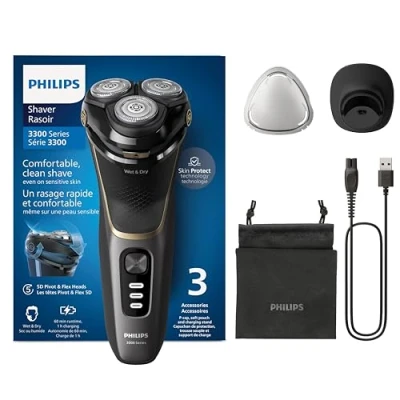 Afbeelding van Philips Shaver S3000 Elektrisch Wet&amp;Dry scheerapparaat, heren nat en droog scheren, SkinProtect technologie, uitklapbare baardtrimmer, oplaadstandaard, reisetui, kleur Diepzwart (model S3342/13)