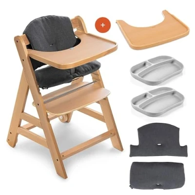 Afbeelding van hauck Kinderstoel Alpha Plus Move Voordeelset Houten Meegroeistoel met Wieltjes, Eetblad, 5 Punts Gordel, Zitkussens en Siliconen Babybordjes Tot 90 kg Hout/Jersey Charcoal