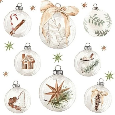 Afbeelding van 20 servetten kerst kerstelemanten in kerstballen als tafeldecoratie. Papieren met motief. Ook voor decoupage en servettentechniek 33x33cm