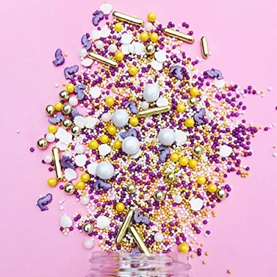 Afbeelding van Streusel Gold Zeemeerminmix 180 g van Geluk wit lila goud kleurrijke Sprinkles suikerstrooisel perfect voor kinderverjaardag verjaardag zeemeermin meisjes cupcakes muffins cakepops