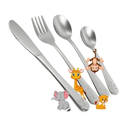 Afbeelding van Safari Kinderbestek, 4 delig, delige set met schattige diermotieven, bestekset bestaande uit kleine en grote lepel, mes vork, voor kinderen vanaf 3 jaar
