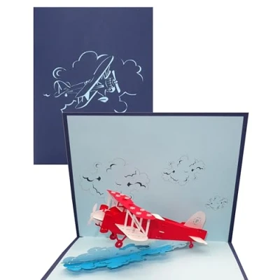 Afbeelding van 3D pop up kaart&quot;vliegtuig&quot; verjaardagskaart, cadeau &amp; uitnodiging voor verjaardag vliegtuigkaart met model propeller vliegtuig als cadeaubon, idee geschenkverpakking vliegreis