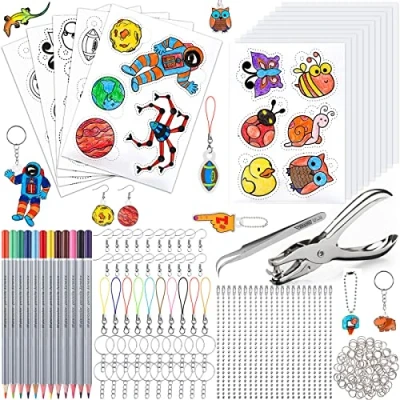 Afbeelding van Frasheng 204 stuks krimpfolieset, krimpfolieset om te knutselen, inclusief A5 krimppapier, sleutelhanger, potloden, kogelkettingen, oorhaken, perforator, pincet voor doe het zelf,