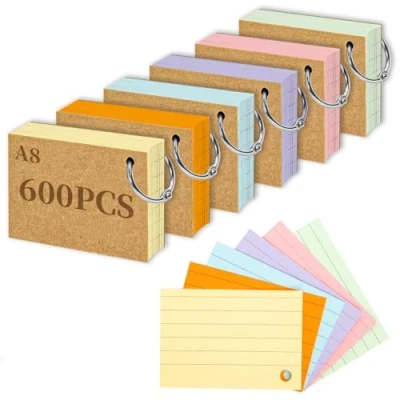 Afbeelding van CIMOYBAI A8 Flashcard, 600 stuks gelinieerde flashcards met ring, woordenschat kaarten voor onderweg leren, notities kantoor, school, thuis indexkaarten