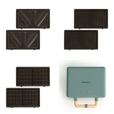 Afbeelding van CREATE STONE STUDIO/sandwichtbroodrooster en dubbel wafelijzer, saliegroen, 3 verwisselbare platen: grill, wafel sandwich, antiaanbaklaag, 100 opening, 2 schijven, automatische uitschakeling,