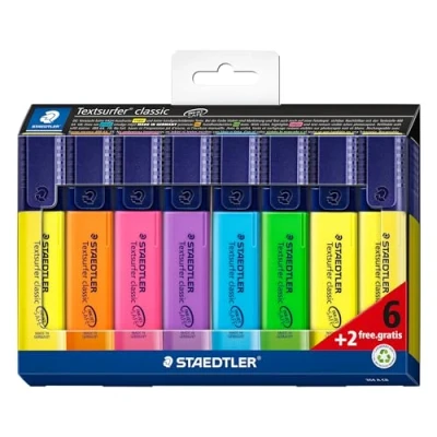 Afbeelding van STAEDTLER 364 A C8 Textsurfer Classic Highlighter Verschillende kleuren (kaart Pack van 6+2 GRATIS)