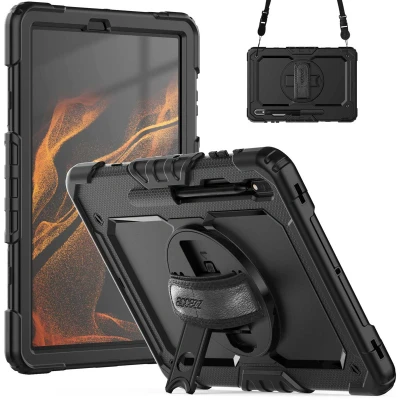 Afbeelding van Samsung Galaxy Tab S7 FE Hoes: Accezz Rugged Backcover Shoulder Strap Hardcase,Backcover Zwart Kunststof Tablet Hoezen