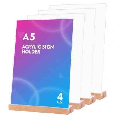 Afbeelding van SOYIRI A5 acryl bordhouders (4 stuks) doorzichtige plastic tafeldisplaystandaard, T vormige L vorm dubbelzijdige menuhouder, advertentiedocument, posterhouder voor restaurant, hotel, bedrijf