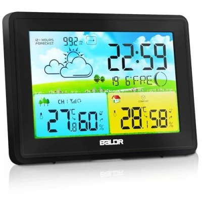 Afbeelding van draadloos weerstation met buitensensor, binnen en buiten, temperatuur/luchtvochtigheid, weersvoorspelling, barometer maanfase, digitaal kleurendisplay, DCF radioklok, om