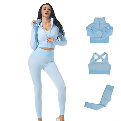 Afbeelding van Veriliss Workoutpak voor dames, 3 delig, naadloze outfit, workoutset, gymkleding, yoga sportkleding, legging en stretch sport beha, gym jumpsuit, kledingset, Lichtblauw, L