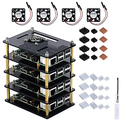 Afbeelding van GeeekPi Raspberry Pi Cluster case met koelventilator en heatsink, 4 lagen acryl stapelbare voor 3 model B +, 3/2