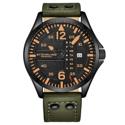Afbeelding van Stührling Aeronaut 3916 Quartz 43mm Aviator Horloge Zwarte Wijzerplaat / Zilveren Kast Groene Leren Band Gesp Waterbestendigheid 10 ATM