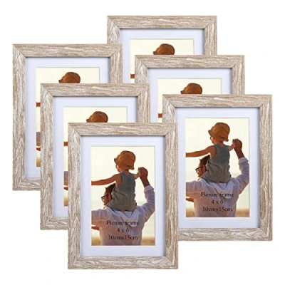 Afbeelding van EXYGLO Set van 6 rustieke fotolijsten 10x15 cm met natuurlijke houtnerf voor 15x10 foto&#039;s passe partouts of 13x18 zonder partouts, wand tafelstandaard
