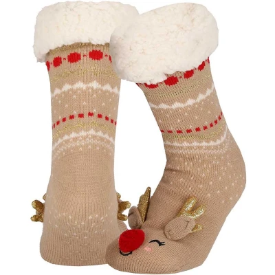 Afbeelding van Kerst huissokken dames 3D Beige One Size kerstsokken antislip sokken kerstmis