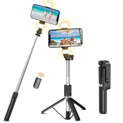 Afbeelding van CNMTCCO Selfie Stick statief met 2 vullampen, 51 inch extra lang telefoonstatief afneembare draadloze afstandsbediening voor filmen, compatibel iPhone, Samsung, smartphone, enz