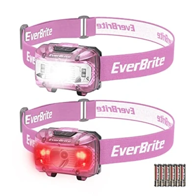 Afbeelding van EverBrite Led hoofdlamp, 2 stuks, roze met rood en groen licht, kinderhoofdlamp 5 lichtmodi, kerstcadeau, cadeautje voor kinderen op de camping, outdoor, Kerstmis, 6 AAA batterijen