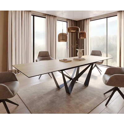 Afbeelding van DELIFE Eetkamertafel Edge 200 300x100 keramiek Laminam® Sabbia eiken kleur spider vlak staal zwart uitschuifbaar