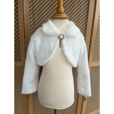 Afbeelding van Bolero meisjes luxe feestjasje imitatie bontjas effen vest prinsessen jas kunstbont zacht imitatiebont nep bont lange mouwen korte vestje bruidsmeisjes bloemenmeisjes communie trouwfeest bruiloft fotoshoot kleur wit 4 5 jaar