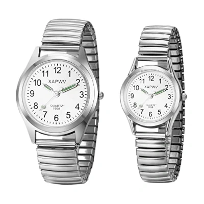 Afbeelding van JewelryWe 2 stuks horloges analoog kwarts partner vriendschap polshorloge elastische metalen armband ultradunne horloge met verlichte wijzers, cadeau voor heren en dames, zilver