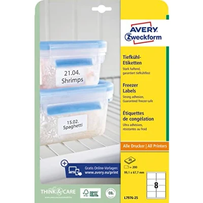 Afbeelding van AVERY Zweckform L7976 25 Diepvriesetiketten (200 stickers, 99,1 x 67,7 mm op A4, zelfklevend, temperatuur en vriesbestendige zelfklevende etiketten voor vriezer, bedrukbaar) vellen, wit