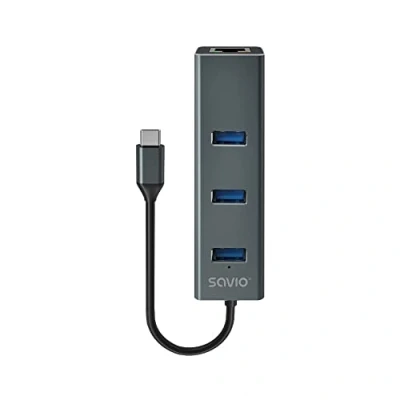 Afbeelding van Savio AK 57 USB C 3 x A HUB met RJ 45 Gigabit Ethernet adapter, 5000 Mbit/s, grijs