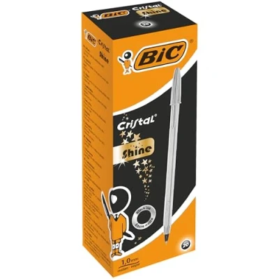 Afbeelding van Bic balpen Cristal Medium, zilveren lichaam, zwarte inkt, doos van 20