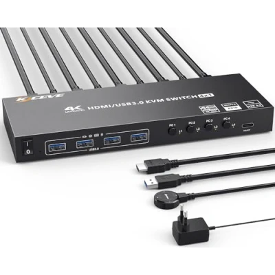 Afbeelding van USB3.0 KVM Switch HDMI 4 poorten 4K@60Hz Simulatie EDID, ESKEVE pc 1 monitor 2K@120Hz voor Share monitoren en apparaten, met bedrade afstandsbediening HDMI+USB3.0 kabel