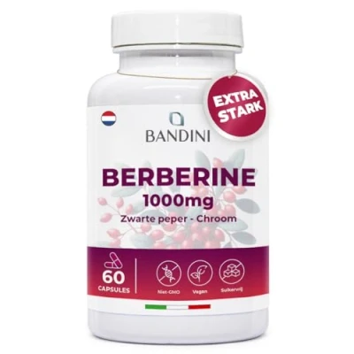 Afbeelding van Bandini® Berberine 1000mg pure hoge dosering Zuiver Berberin hcl uit Berberis Aristata 97% + Chroom en Zwarte Peper Maximale opname Spijsvertering, lever,darmfunctie 60 veganistische capsules