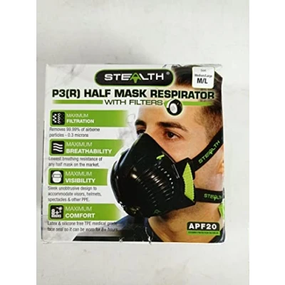 Afbeelding van Stealth Masker P3 M/L Stofmasker met HEPAC vervangbare filters voor ultieme veiligheid, ademhalingsmasker 99,99% deeltjesfiltratie, constructie en productie masker, luchtfiltermasker.