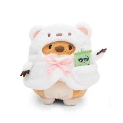 Afbeelding van Set knuffeldier Hond Hiro 8 cm met Bubble Tea &amp; IJsbeerkostuum in Geschenkdoos 8,5x6,5x10 bruin Zacht speelgoed gemaakt van pluche, schattig pluchen om mee te knuffelen en spelen