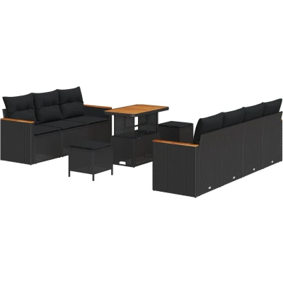 Afbeelding van vidaXL 10 delige Tuin Sofa Set met Kussens Zwart Poly Rattan Acacia, 3 Eettafel Acacia