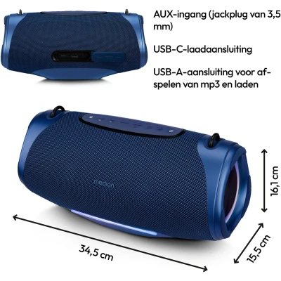 Afbeelding van MEDION P61762 draagbare Bluetooth luidspreker (oplaadbare batterij, bass boost, RGB lichteffecten, IPX7 waterbescherming &amp; robuust, geïntegreerde powerbank, 2x 25 W RMS) Blauw