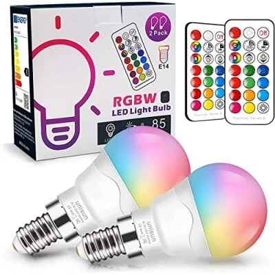 Afbeelding van Unisun E14 led gloeilamp met wisselende kleuren, dimbaar, equivalent aan 40 W, 2700 K RGB schroefgloeilampen afstandsbediening, warmwitte energiebesparende nachtlamp (verpakking van 2 stuks)