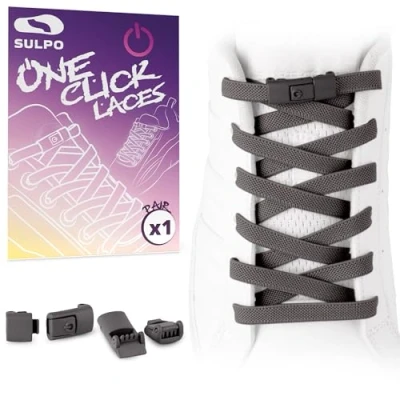 Afbeelding van SULPO Platte veters zonder strikken One Click kleurrijke snelsluiting Elastische schoenveters Rubber voor kinderen en volwassenen, donkergrijs