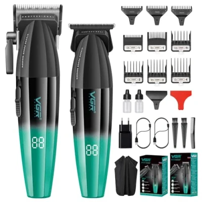 Afbeelding van VGR Professionele Tondeuse en Trimmer Set voor Mannen, Barber Set, 9000RPM Zero Gap T Blade Trimmer, Draadloze Knipset met 9 Opzetkammen, DLC Mes, LED Display