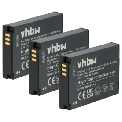 Afbeelding van vhbw 3 x batterijvervanging voor Samsung SLB 10A camera Digicam DSLR (700mAh, 3,6V, Li Ion)