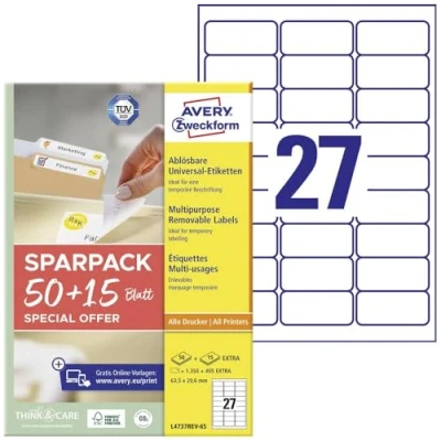 Afbeelding van Avery Zweckform L4737REV 65 Universele etiketten 63.5 x 29.6 mm Papier Wit vellen Weer verwijderbaar Inkjet, Laser (zwart/wit), (kleur), Kopiëren