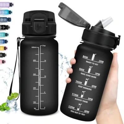 Afbeelding van Grsta drinkfles voor kinderen, 500 ml, met rietje, lekvrij, tijdschema&#039;s, gemakkelijk te reinigen, motiverende tijdschaal, school, camping, zwart