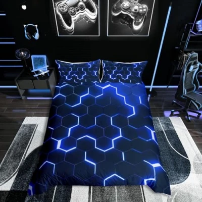 Afbeelding van Homewish Honingraat dekbedovertrekset, geometrisch neonlicht, voor kinderen, jongens, tieners, geometrie, zeshoekig dekbedovertrek, zachte microvezel dekbedovertrek met rits, 1 kussensloop, blauw en