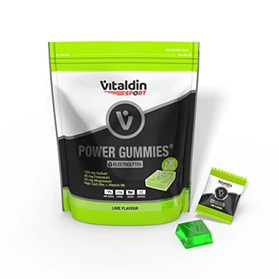 Afbeelding van VITALDIN SPORT Power Gummies Electrolytes Levert de 3 elektrolyten 120 mg natrium, 90 kalium, 20 magnesium, vitamine B6 pro servering Doypack 30 fruitrubberbites limoensmaak veganistisch