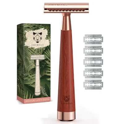 Afbeelding van ANYMALE® Scheermes roségoud van sandelhout dames set inclusief 5 ASTRA messen plasticvrij scheerapparaat voor zacht nat scheren