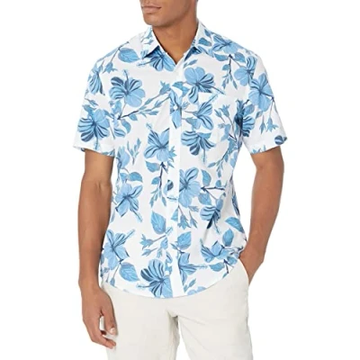Afbeelding van Amazon Essentials Men&#039;s Shirt met korte mouwen, print en slanke pasvorm, Blauw Bloemenprint, XS