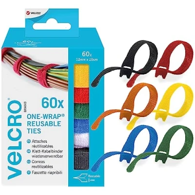 Afbeelding van VELCRO Merk ONE WRAP Organizer klittenband Herbruikbare assortiment kabelbinders voor thuis en op kantoor bundelen meerkleurig 12 mm x 20 cm 60 stuks
