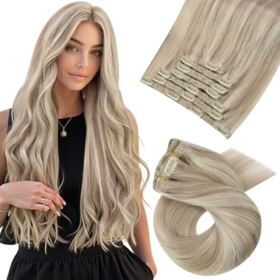 Afbeelding van Moresoo Clip in Hairextensions van Echt Haar Zwart Voor Haarverlenging Dubbele Inslag Extensions Remy Asblond met Platinablond #P18/613 120g 50 cm 7PCS