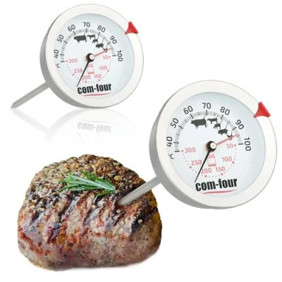 Afbeelding van COM FOUR® 2x braadthermometer 2 zone vleesthermometer met kookpuntcontroledisplay analoge grill en oventhermometer vleesnaald van roestvrij staal (2 stuks zones)