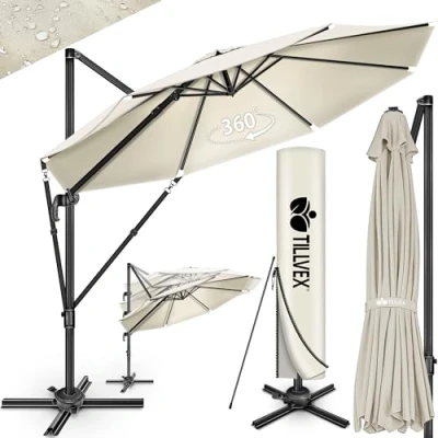 Afbeelding van tillvex® Premium aluminium parasol, 330 cm, met afdekking en windbescherming, zweefparasol, 7 voudig verstelbaar, zwengel, tuinparasol, 360 graden draaibaar, kantelbaar, UV50+, groot,