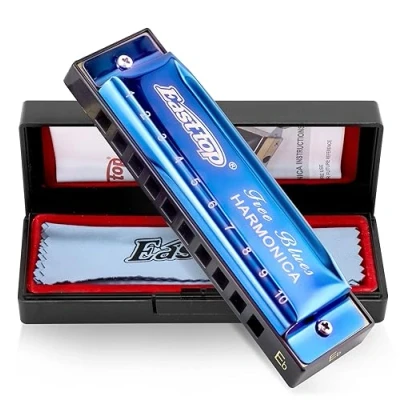 Afbeelding van East Top Blues Diatonische mondharmonica Key of Bb 10 gaten 20 tonen, voor volwassenen, beginners, professionele spelers en studenten, blauw