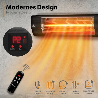 Afbeelding van TRESKO Infrarood warmtestraler, 2500 W, met afstandsbediening, elektrische warmtestraler voor terras, 3 warmtestanden, terrasstraler, binnen en buiten, wand infraroodstraler led display,
