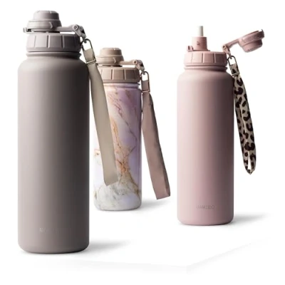 Afbeelding van MAMEIDO Thermosfles 500ml met rietje geïsoleerde kinderdrinkfles van roestvrij staal, lekvrije BPA vrije waterfles (Taupe Grey, 0,5l)
