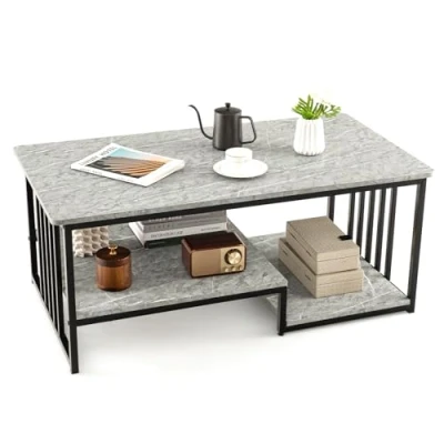 Afbeelding van COSTWAY Salontafel, koffietafel met 2 planken, bijzettafel marmerlook en metalen frame, woonkamertafel, banktafel voor woonkamer, thuis, kantoor, grijs, 110 x 60 45 cm